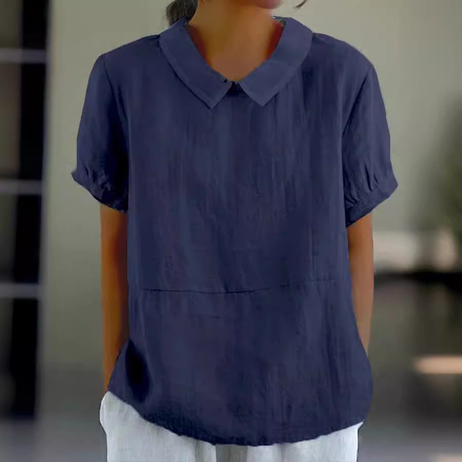 Women's Loose Lapels Shirt Sleeve Cotton Shorts