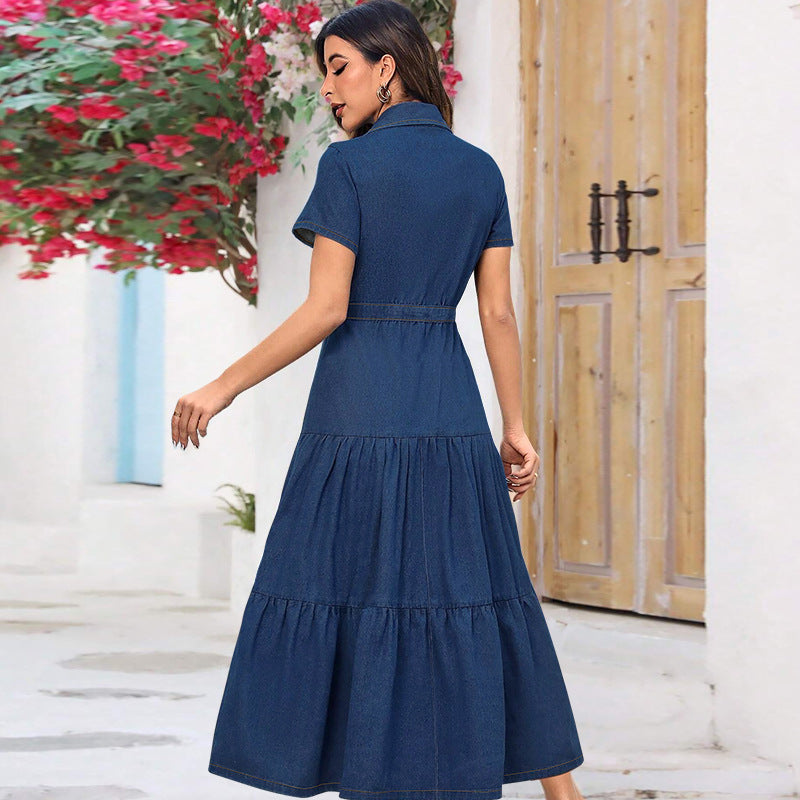 Women's Denim Lapel Sleeve Long Dress Source Dresses