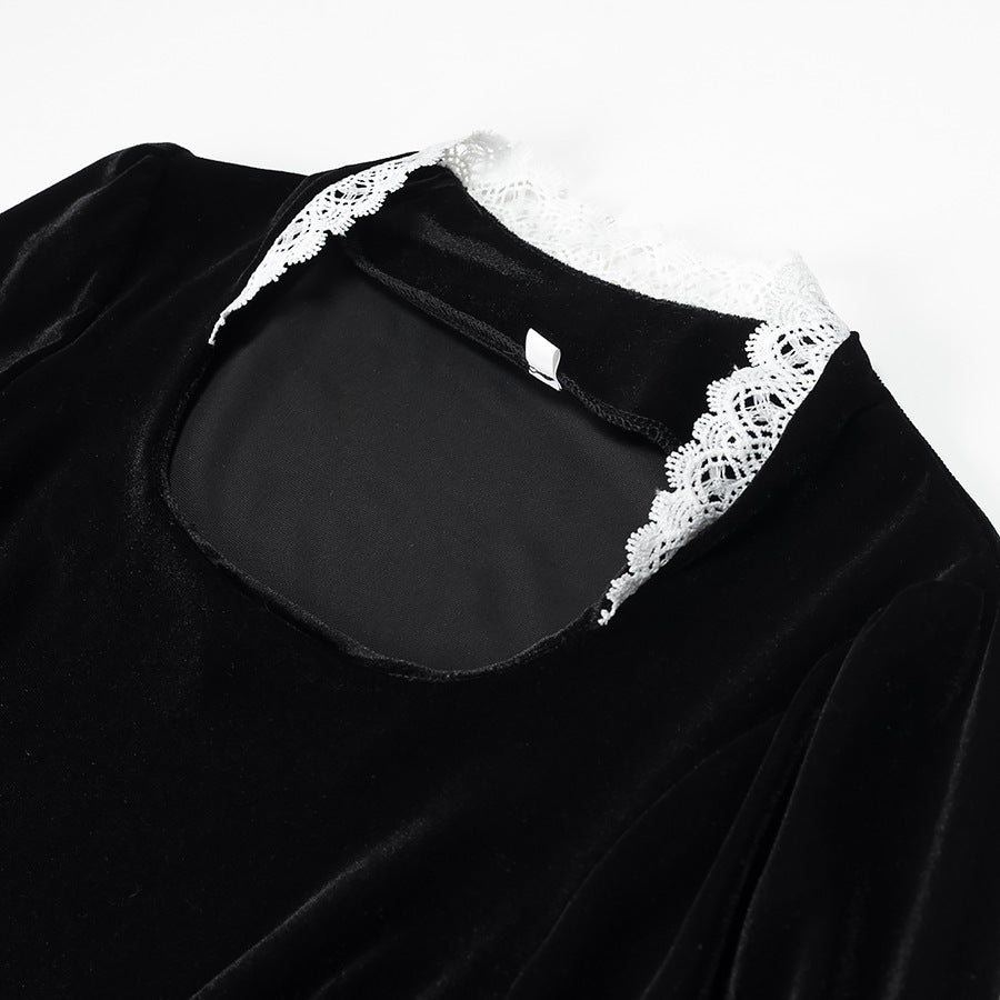 Retro Cinched Black Dress Winter Long Skirts
