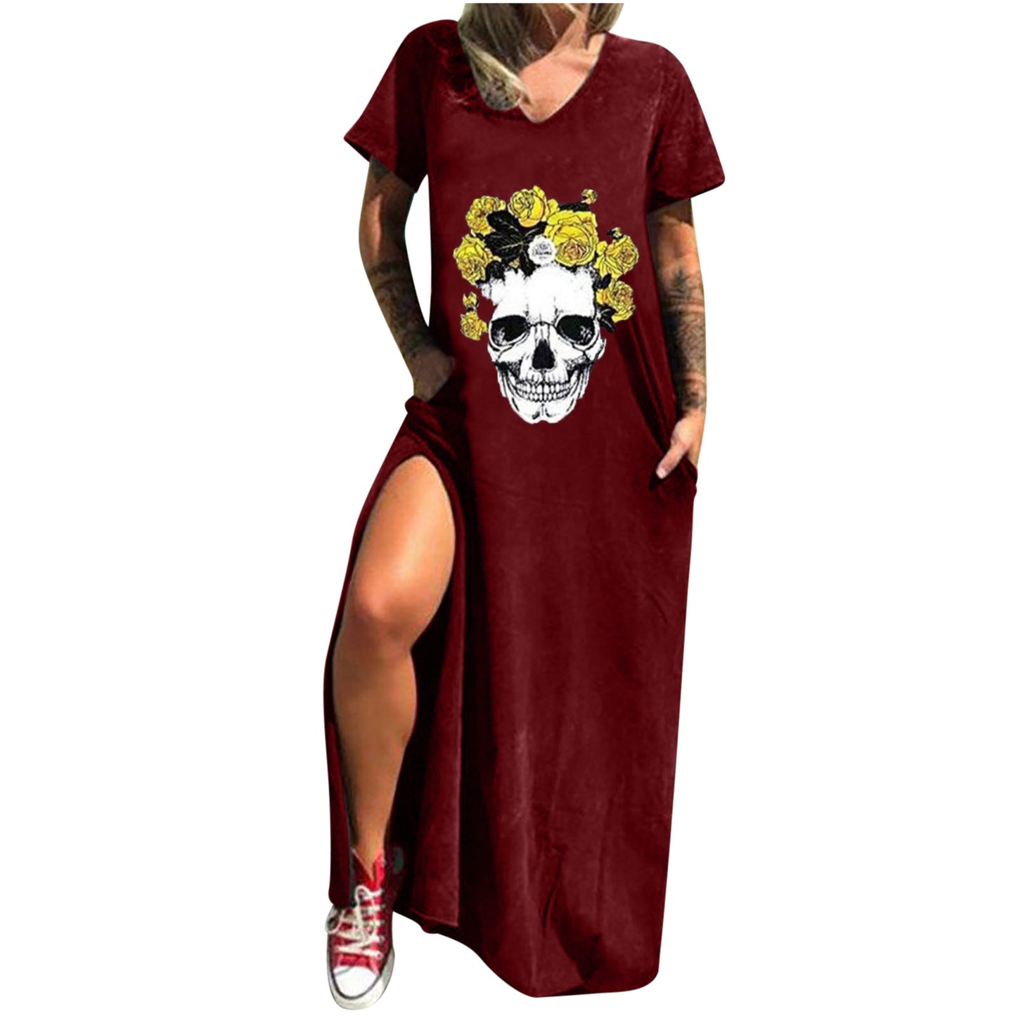 Skull Print Street Fashion Sleeve Slit Shorts