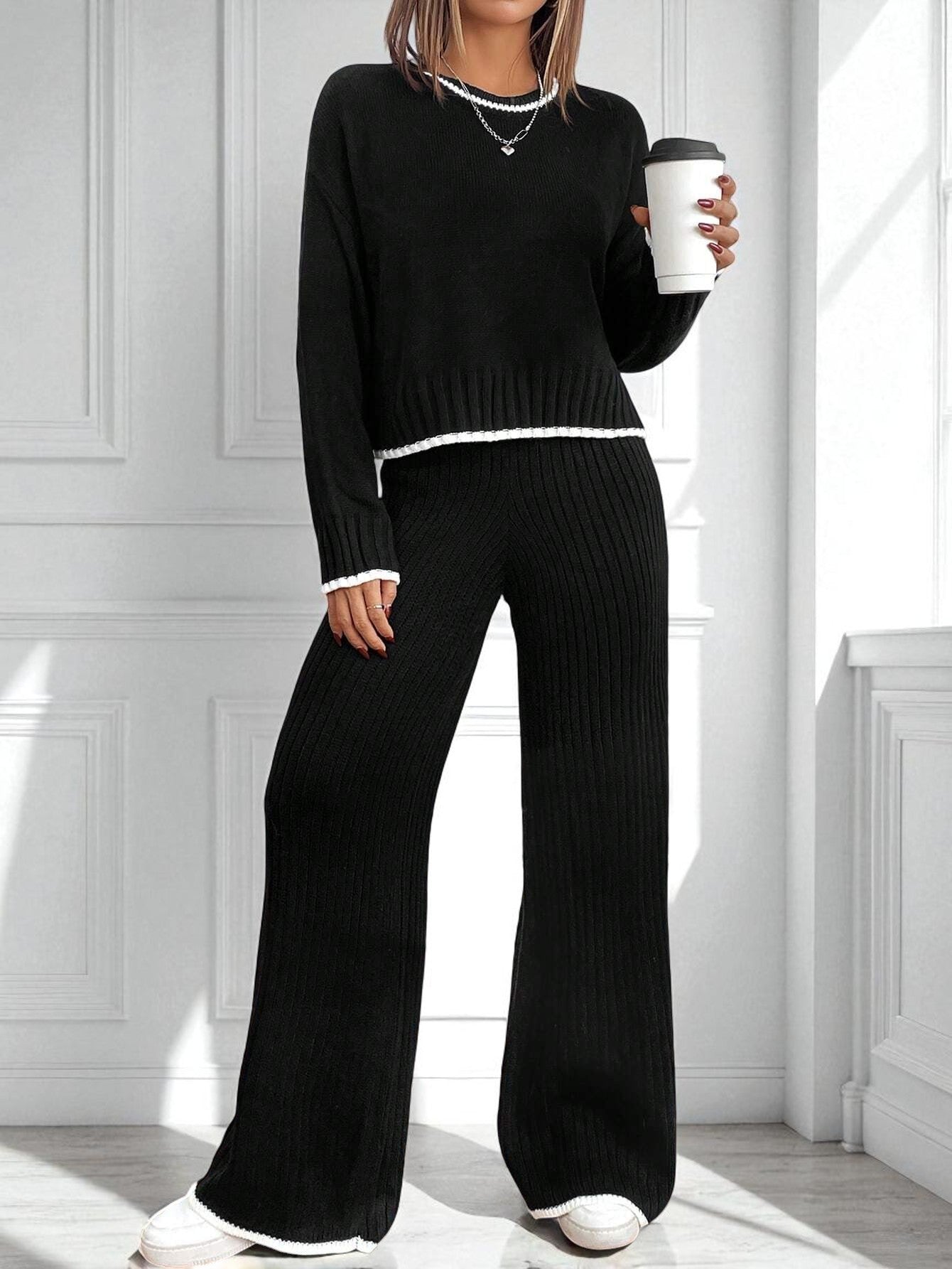 Women's Fashion Long Sleeve Knitted High Waist Wide Leg Suits
