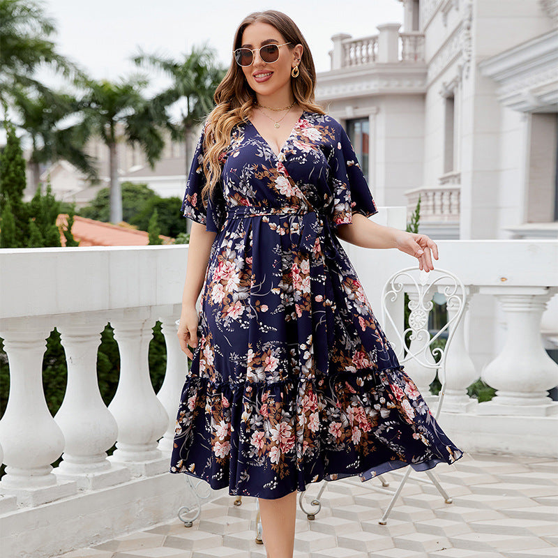 Develop Summer Dark Blue Printing Dress Plus Size