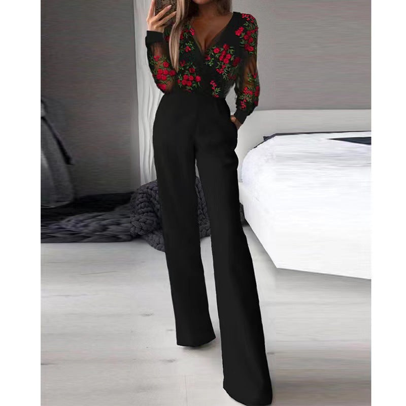 Stitching Printed Sleeve Long Fashion Close-fitting Jumpsuits