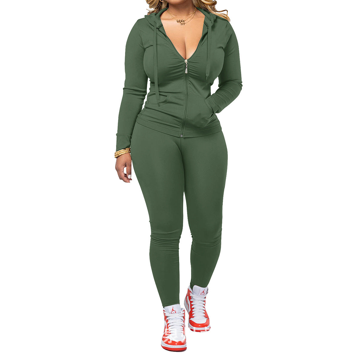 Women's Neck Zipper With Trousers Two-piece Set Fashion Casual Suit