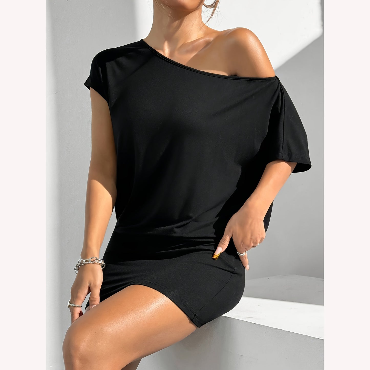 Women's Summer Solid Color Asymmetric Collar Short-sleeved Casual T-shirt Slim Slimming Dress