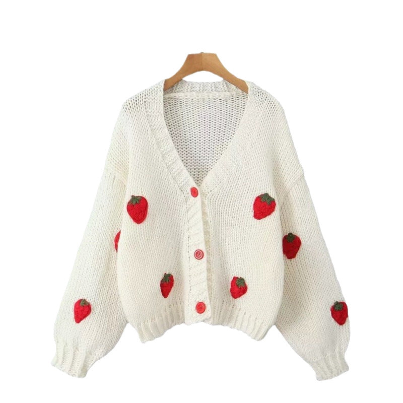Fashion Three-dimensional Embroidered Strawberry Jacquard Knitted Soft Cardigans