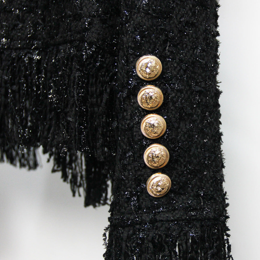 Women's Glossy Black Tweed Fringe Pocket Fastener Coats