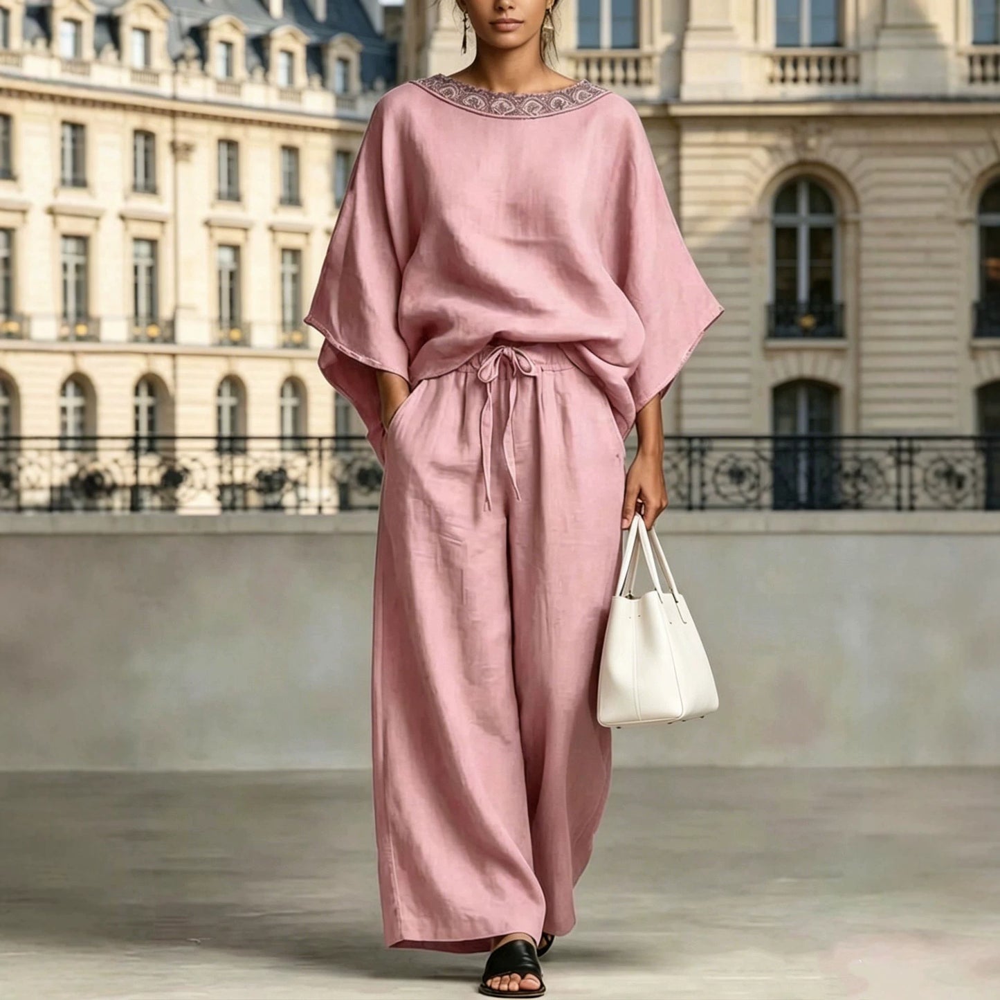 Women's Color Lace Round Neck Loose Sleeves Trousers Shorts