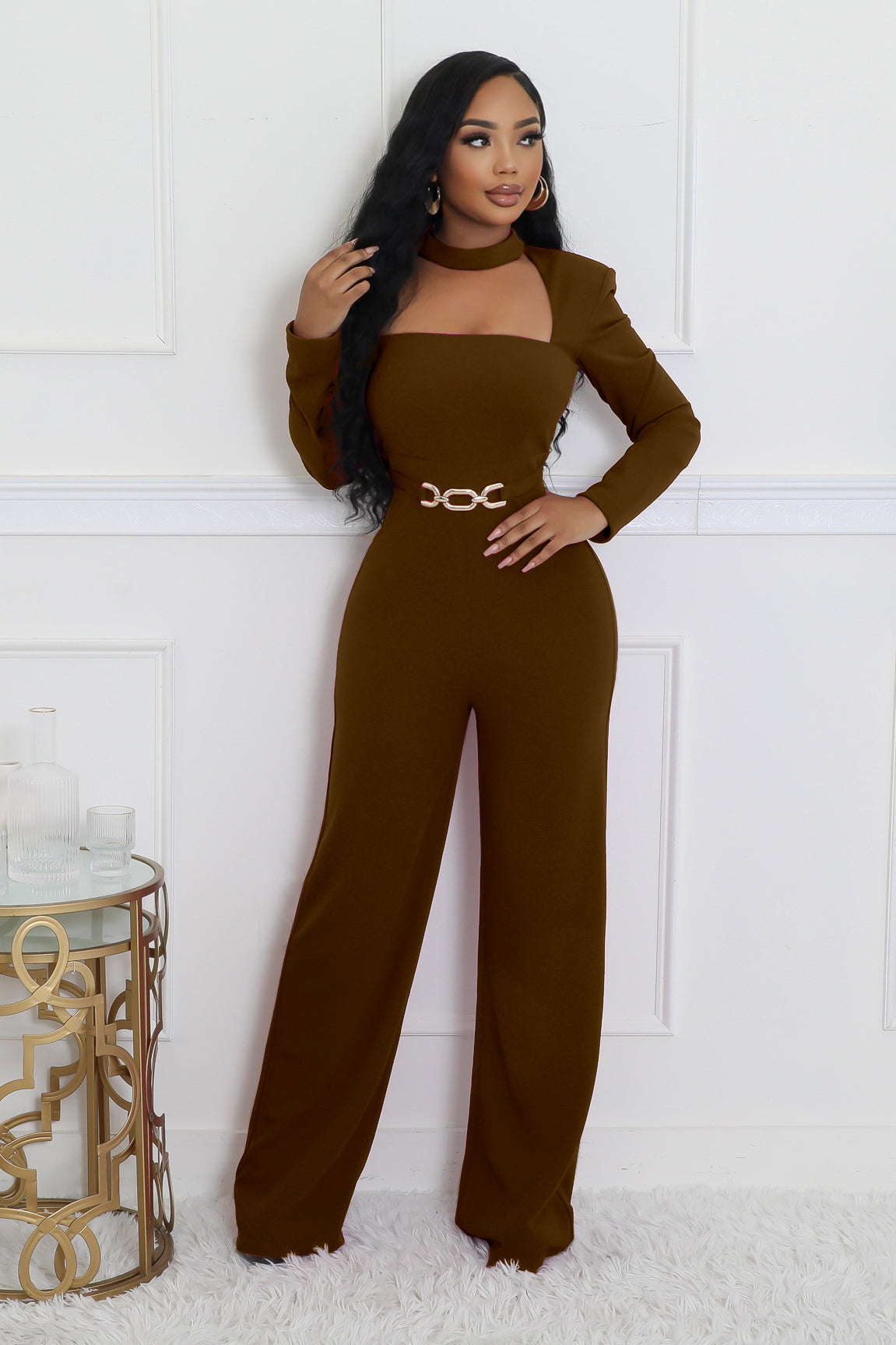 Women's Elegant Personalized Scarf Long Sleeve Wide Jumpsuits