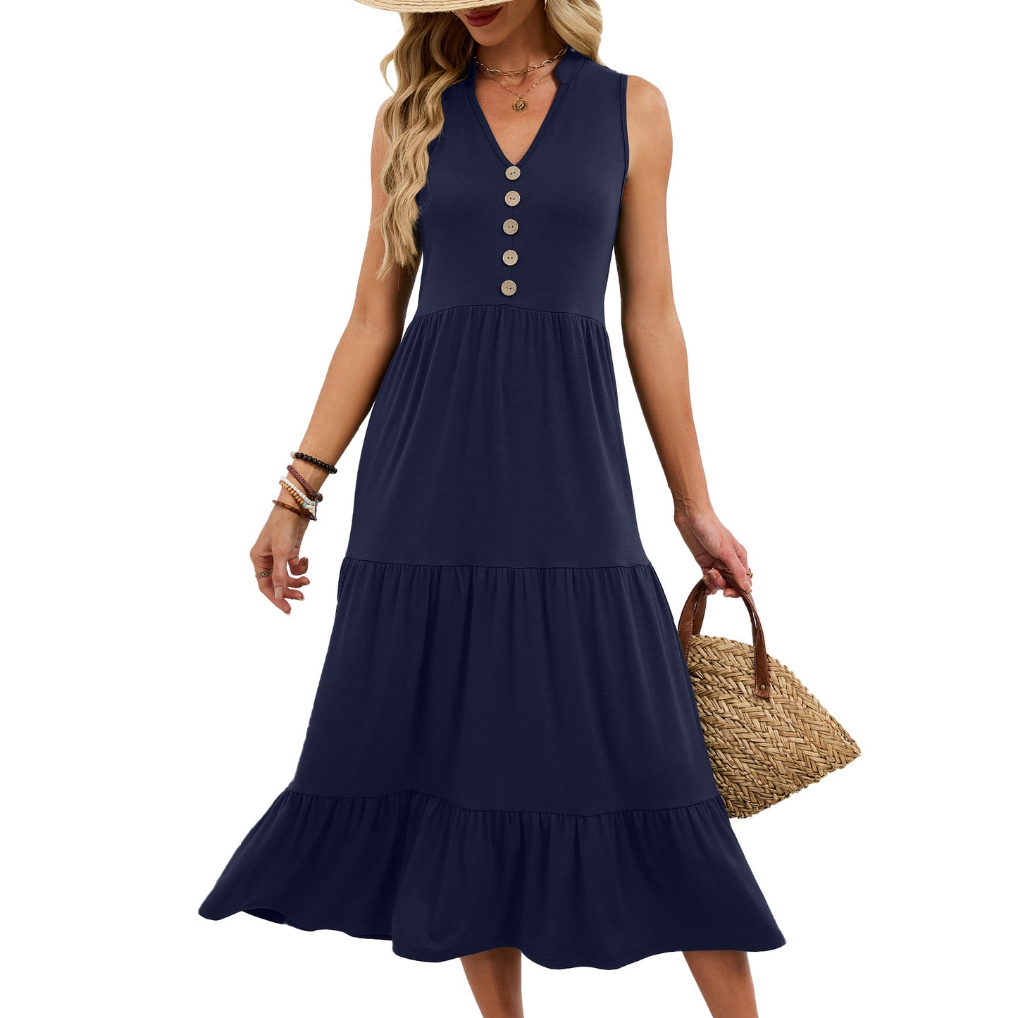 Solid Color Button Sleeveless Long Pleated Dress