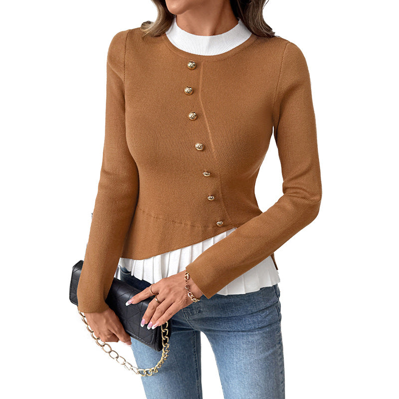 Women's Autumn Color Contrast Patchwork Slim Fit Sweaters