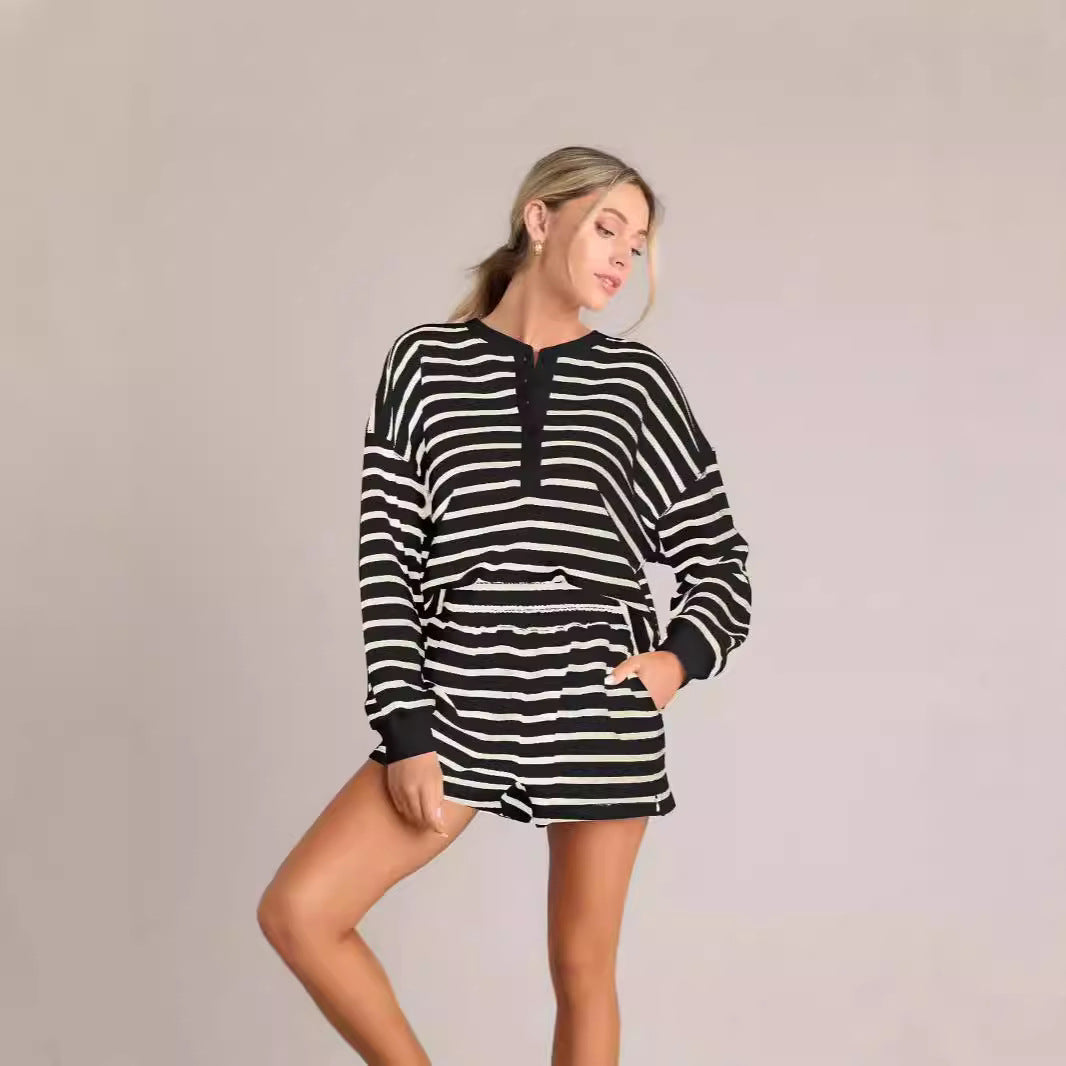 Women's Striped Autumn Collar Decorated With Buttons Long Fashion Casual Suit