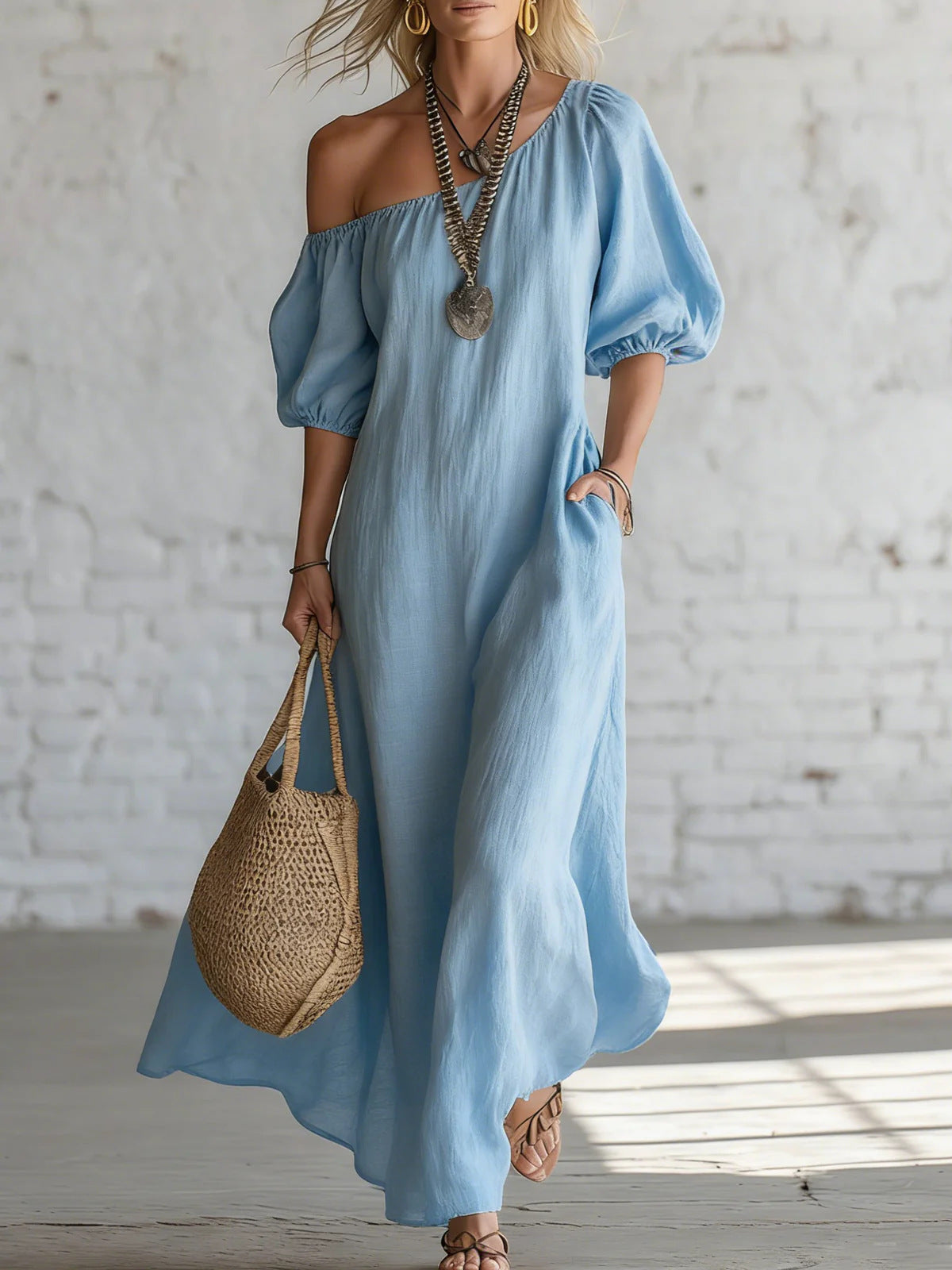 Women's Color Loose Shoulder High-grade Retro Long Cotton Dress