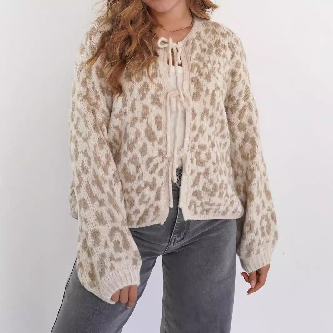 Women's Round Neck Tied Knitted Vintage Leopard Knitwear