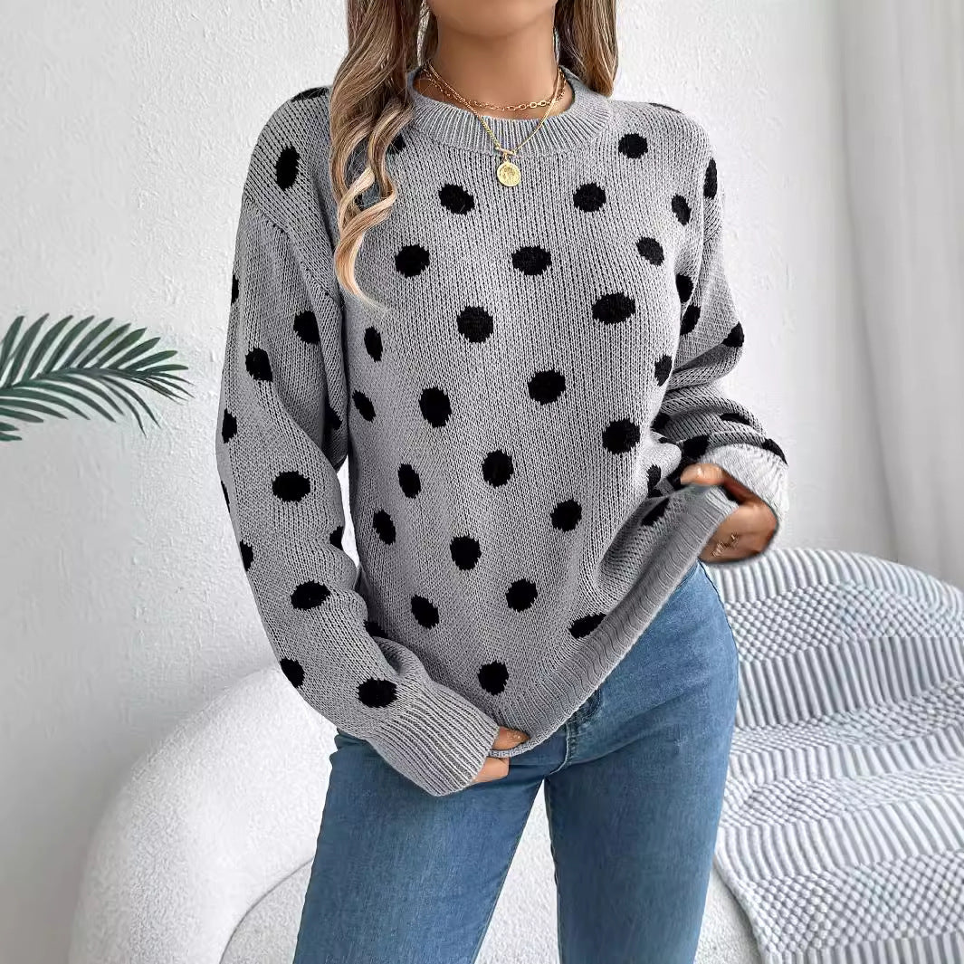 Women's Contrast Color Polka Dot Long Sleeve Sweaters