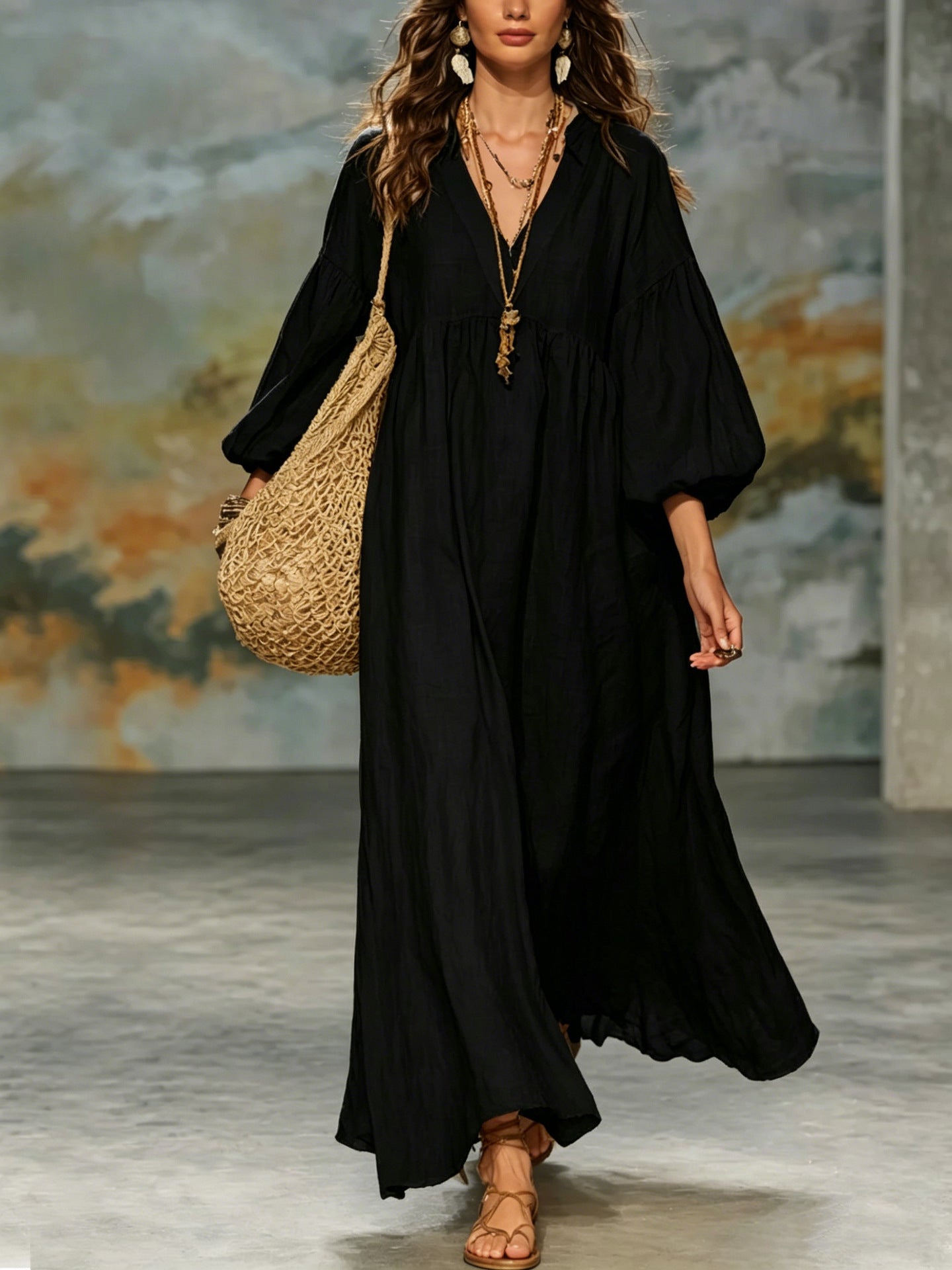 Women's Cotton Linen Deep V Lantern Sleeve Dress