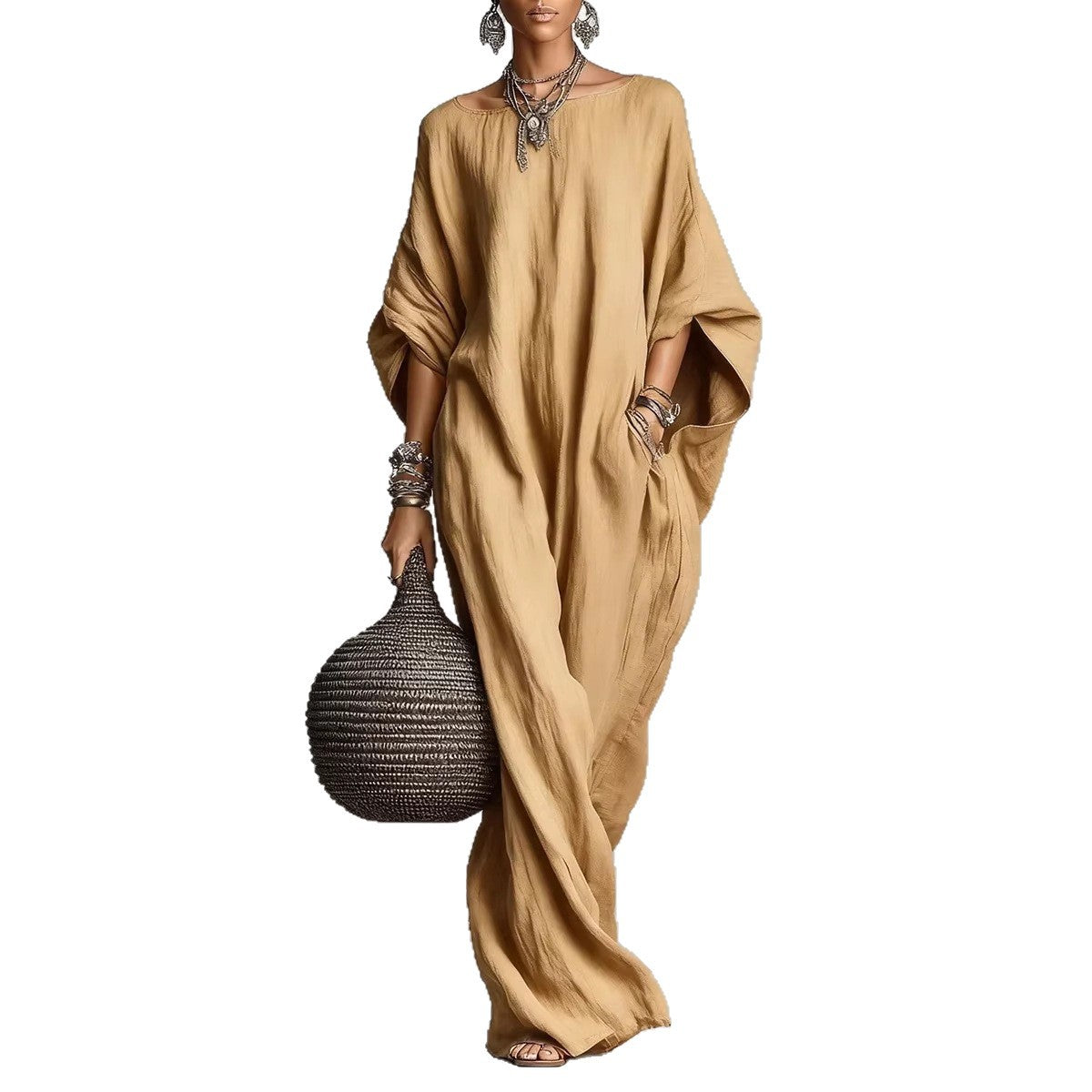 Women's Retro Solid Color Temperament Long Sleeve Dress