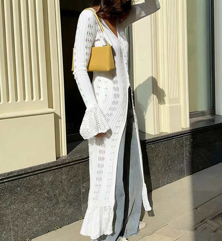 Women's Long Knitted Design Ruffled Idle Style Outer Flared Dress