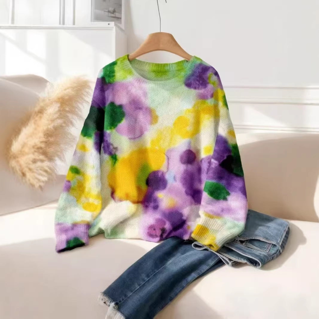 Women's Fashion Floral Print Casual Elegant Wear Match Round Neck Knitwear