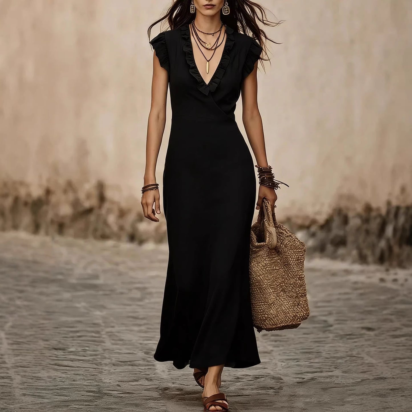 Women's French Style Cotton Linen Flying Sleeves Ruffled Dress