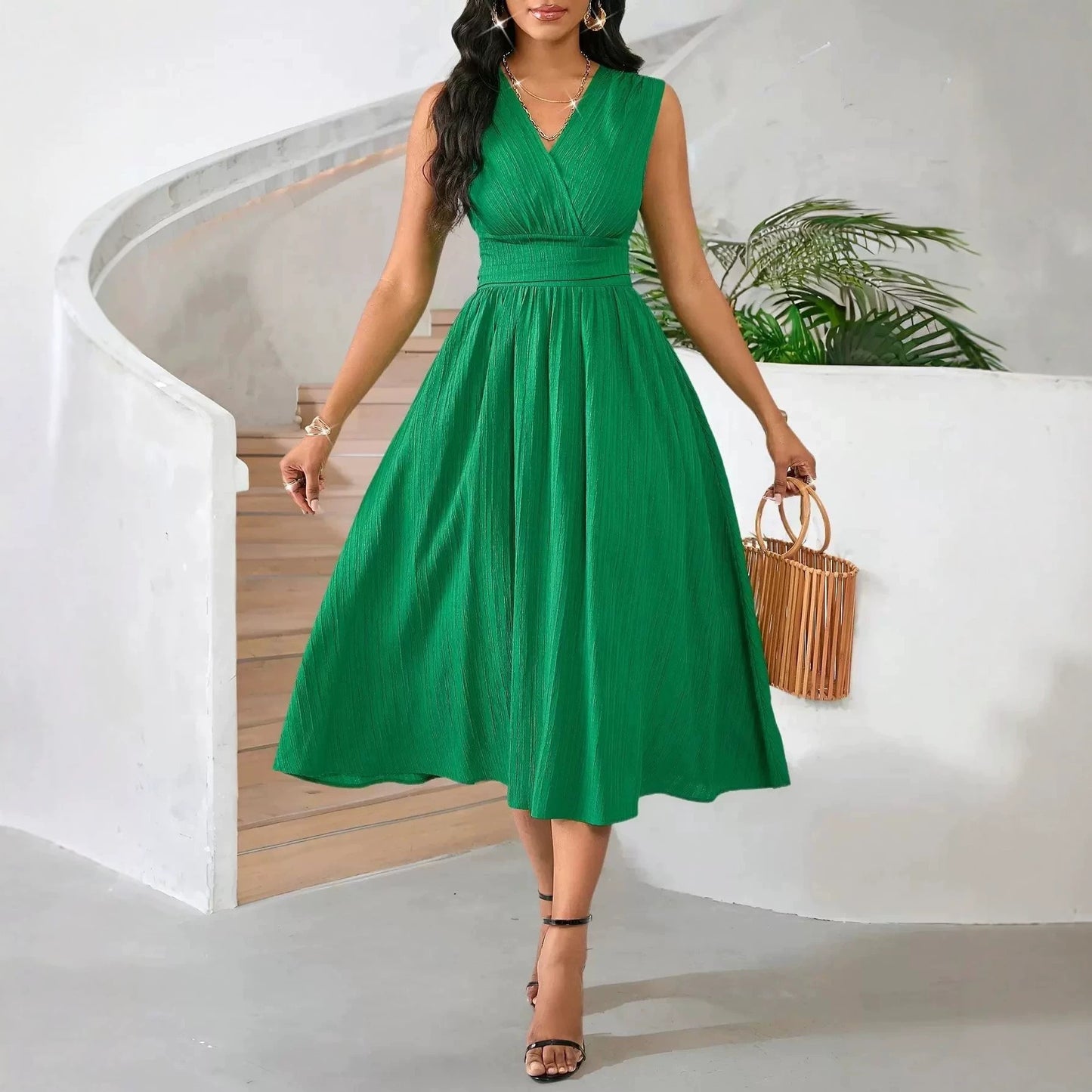 Wave Ruffle Mid-length Sleeveless Summer Holiday Smocking Formal Dress