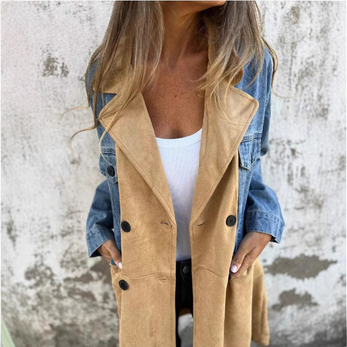 Women's Fashion Tailored Collar Denim Stitching Mid-length Jackets