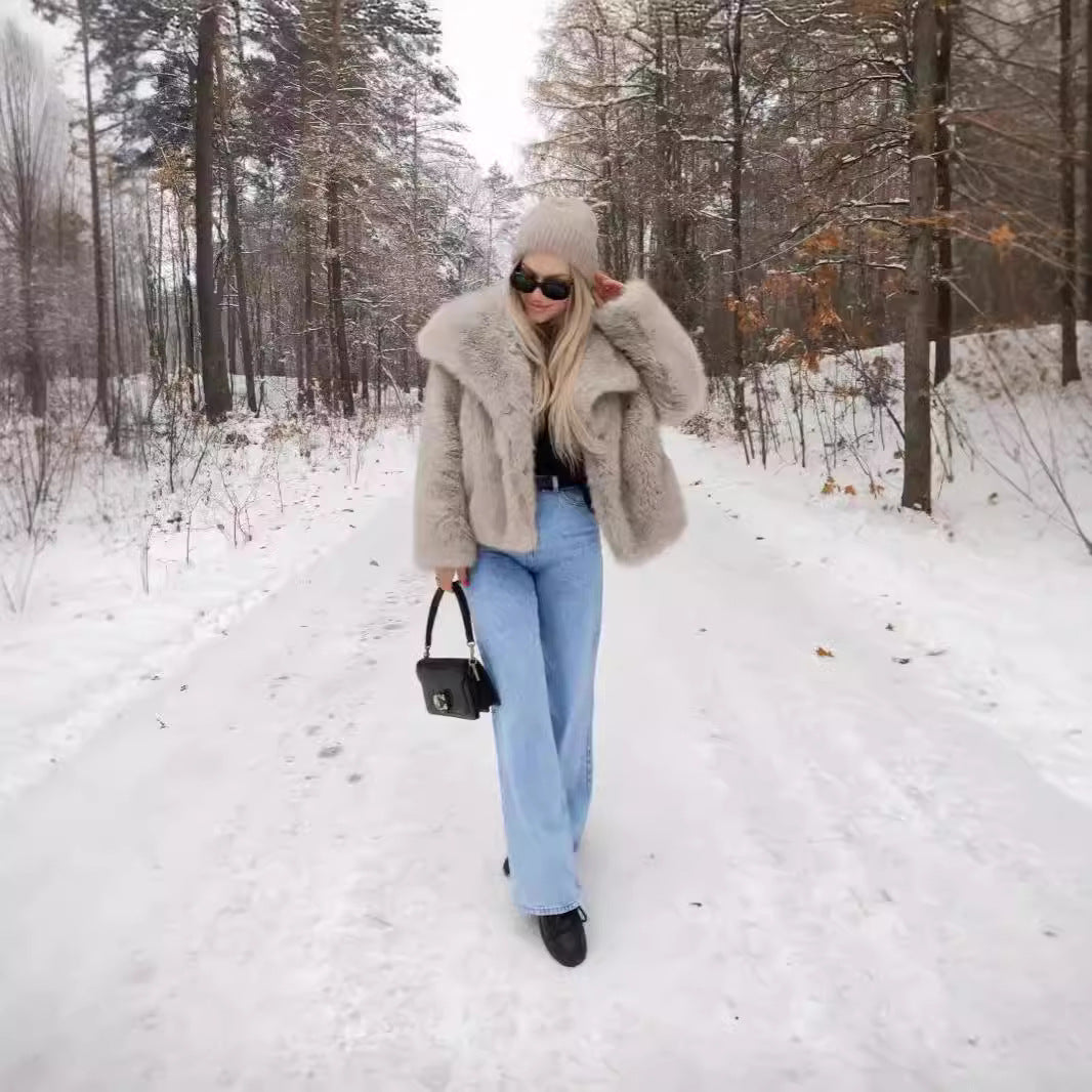 Women's Durable Fur Imitation Overcoat Black Coats