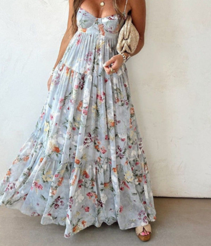 Women's Summer Printed Sleeveless Backless Elegant Slip Dress
