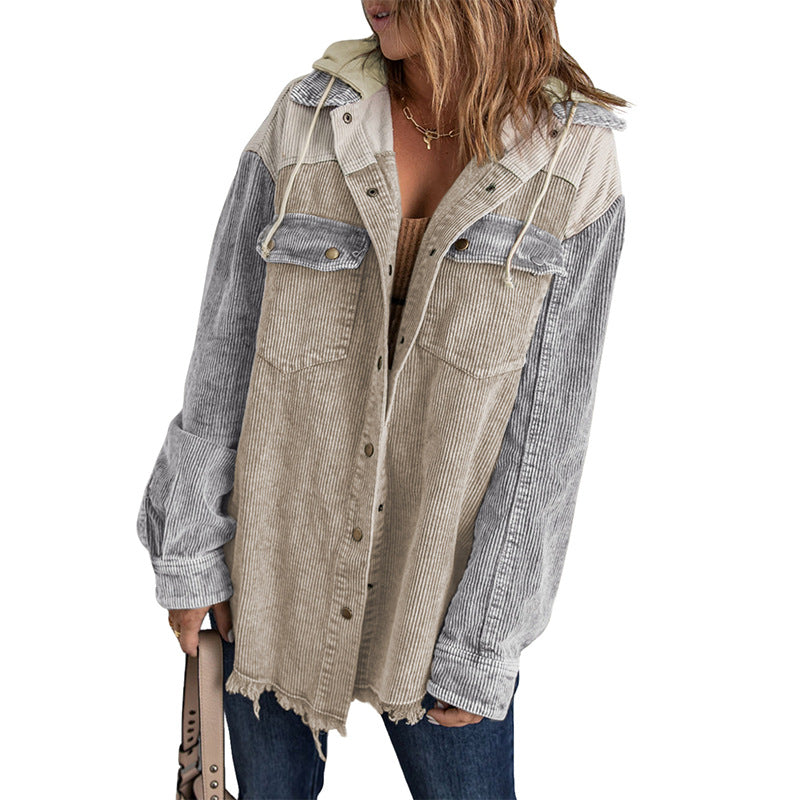 Women's Hooded For Color Contrast Patchwork Single-breasted Jackets