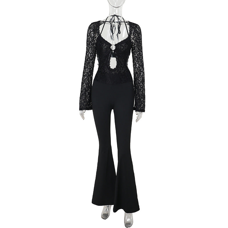 Women's Autumn Elegant Long Sleeve Lace Backless Jumpsuits