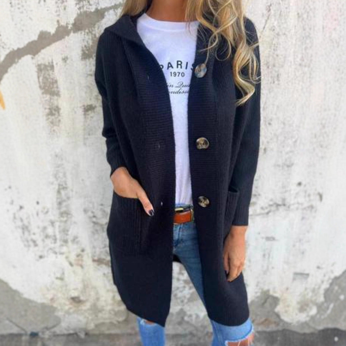 Women's Fashion Long Hooded Knitted With Pocket Sweaters