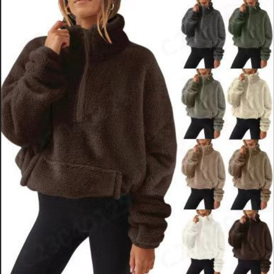 Women's Veet Fleece-lined Half Zipped Stand Collar Women's Sweater, Sweater