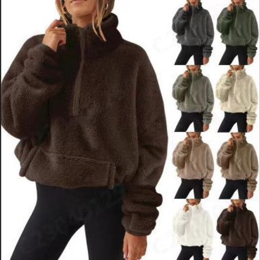 Women's Veet Fleece-lined Half Zipped Stand Collar Women's Sweater, Sweater