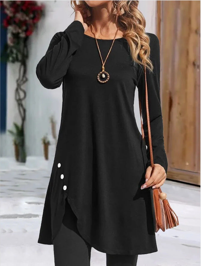 Women's Round Neck Solid Color Long Sleeve Dress