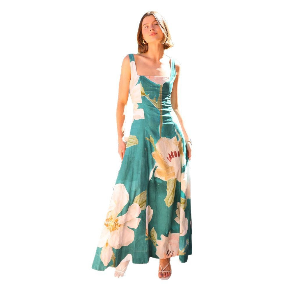 Women's Summer French Retro Slimming Printed Strap Dress