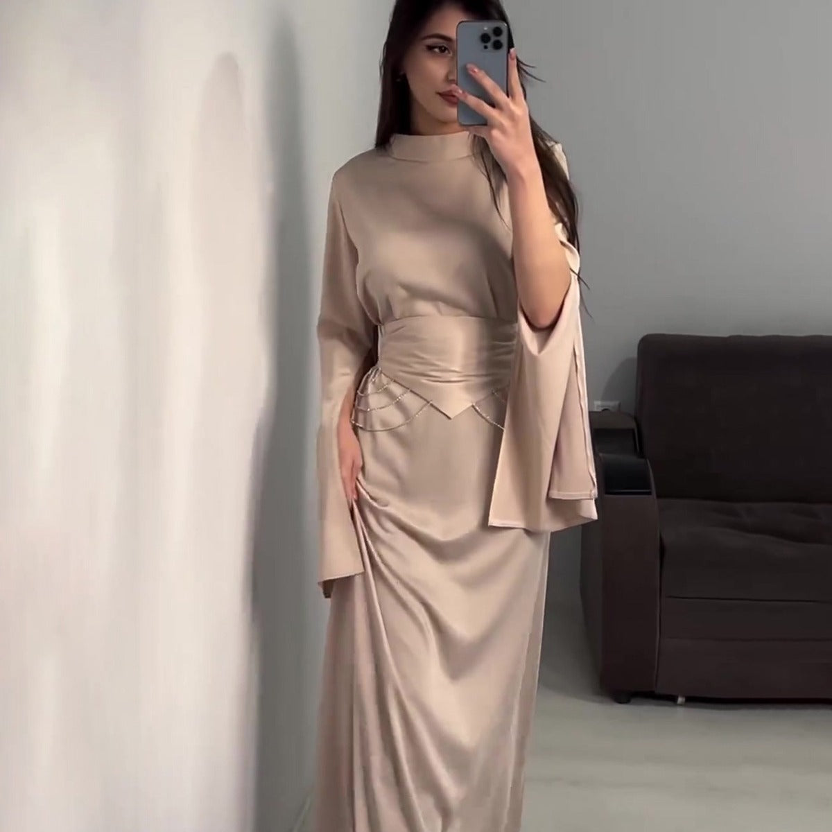 Spring Palace Style Satin Temperament Collar Long Dresses