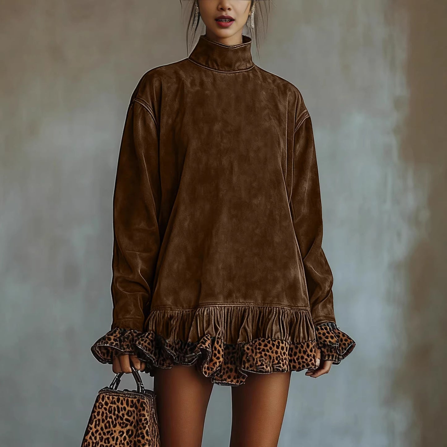 Women's Fashion Casual Turtleneck Long Sleeve Leopard Dress