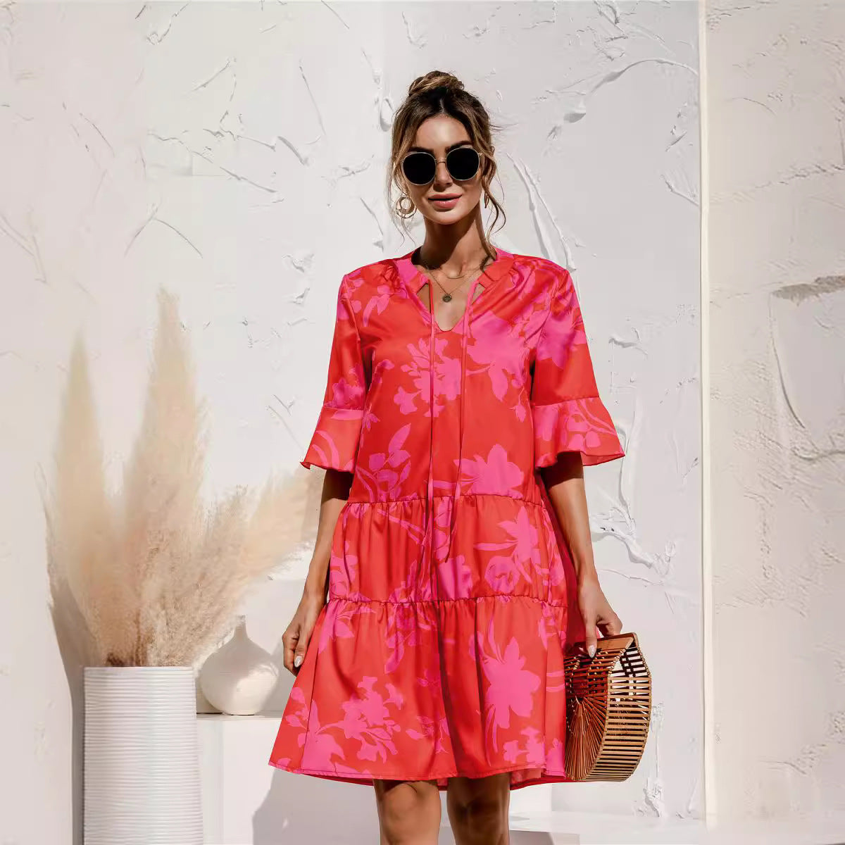Fashion New Flared Sleeves Cake Stitching Dress