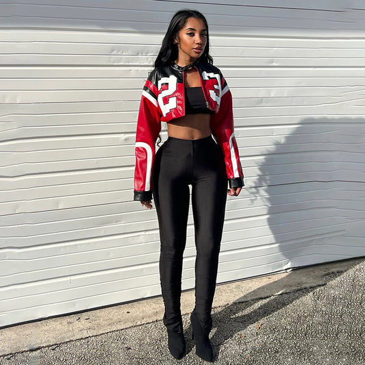 Women's Fashion Motorcycle Contrast Color Embroidery Stitching Slim Clothing