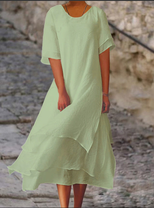 Summer Cotton Linen Color Matching Slit Sleeve Dress