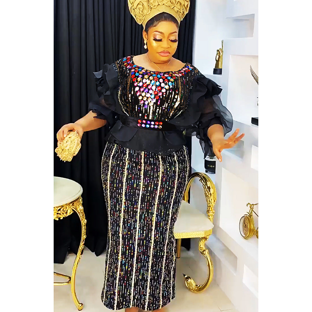 Women's Dress Rhinestone African Wear Belt Dresses