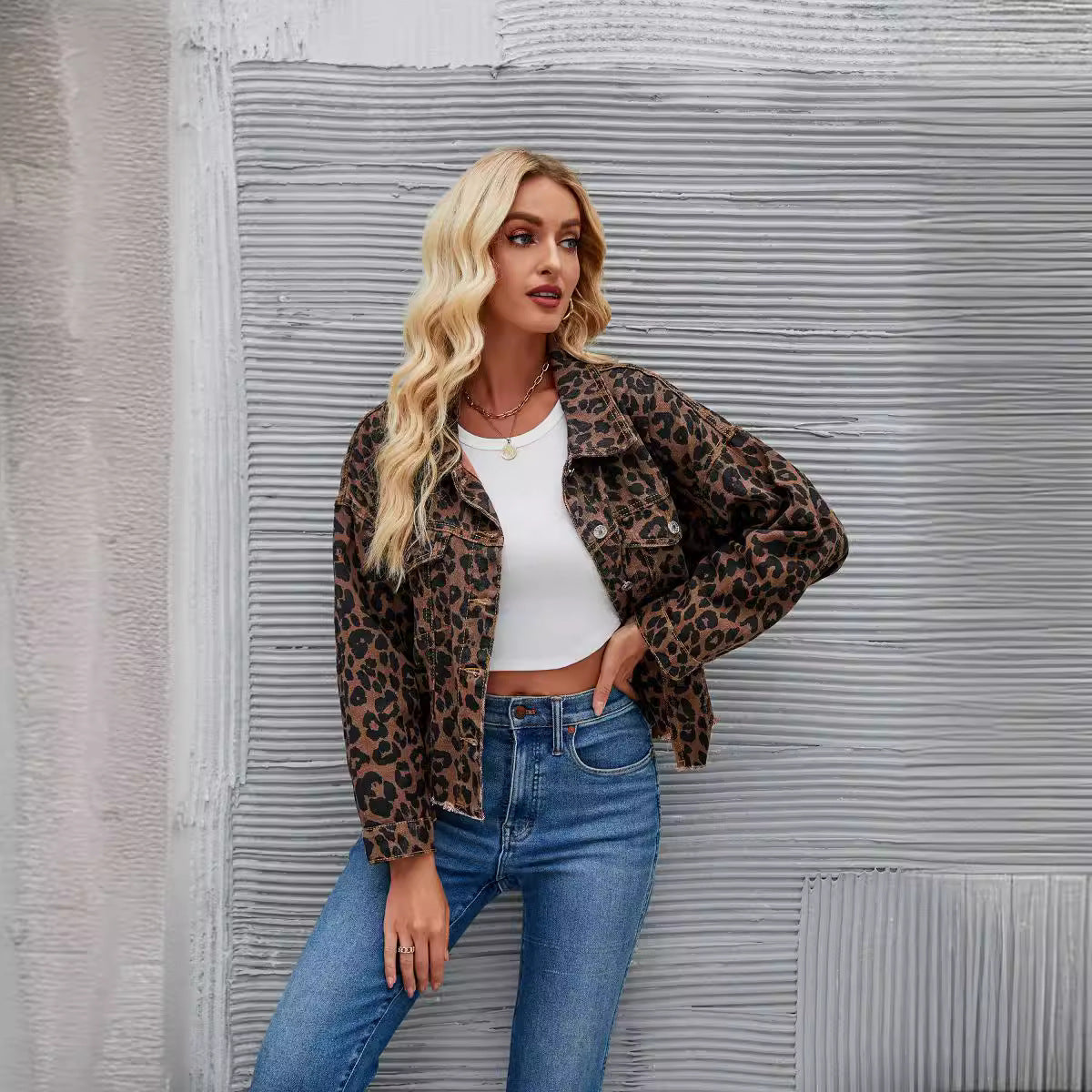 Women's Leopard Print Fashion Casual Denim Jackets
