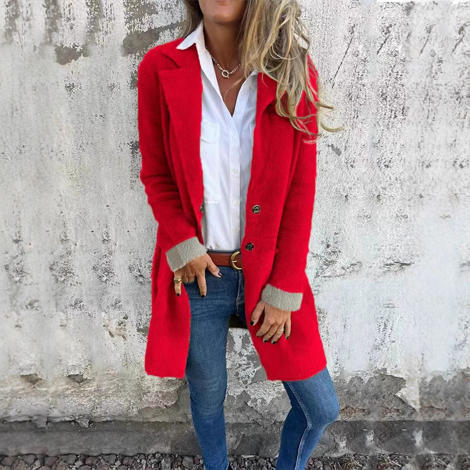 Women's Lapel Pocket Single-breasted Mid-length Plush Coats