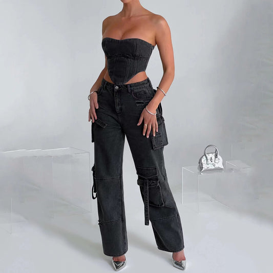 Women's Low Waist Three-dimensional Pocket Stitching Autumn Loose Draping Jeans