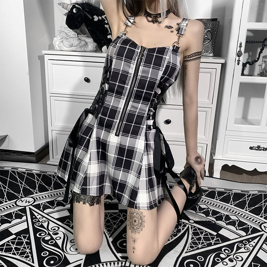 Leisure Suspender Slimming Plaid Striped Zipper Dresses