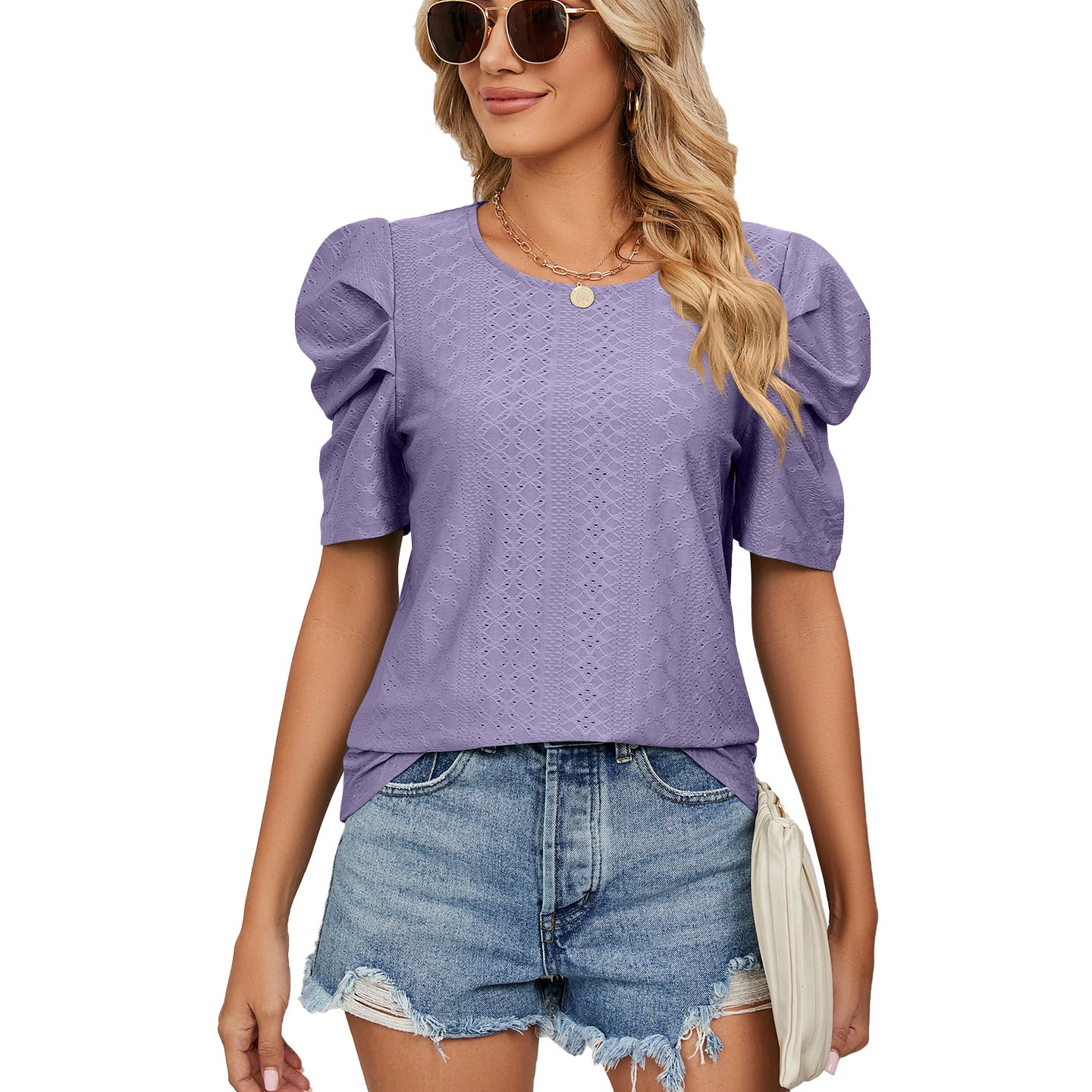 Solid Color Round Neck Pleated Loose-fitting Tops