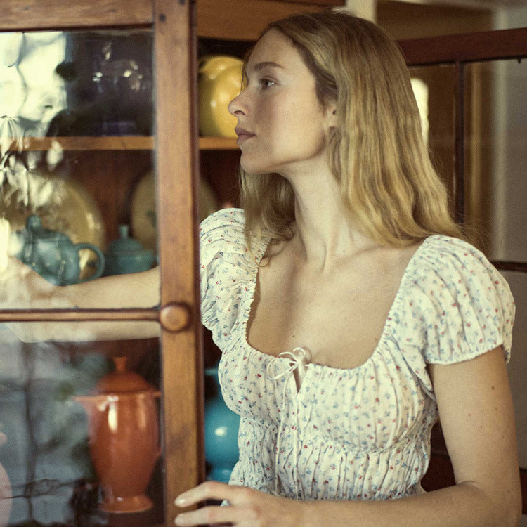 Women's Summer Print Floral Square Collar Sleeve Blouses