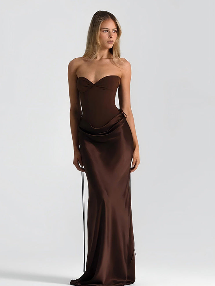 Women's Solid Color Fishbone Waist Slim Drape Ribbon Dress