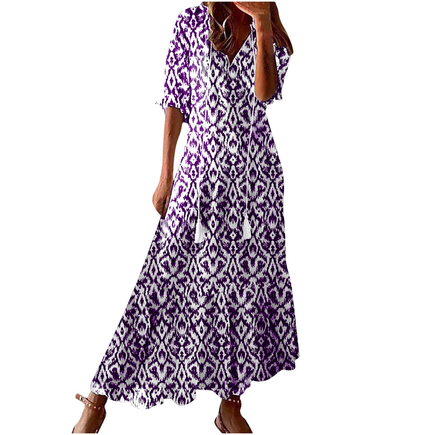 Women's Bohemian Style Print Dress Mid Waist Dresses