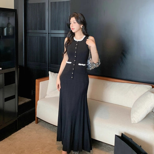 Women's Crocheting Contrast Color French Dress Sleeveless Clothing